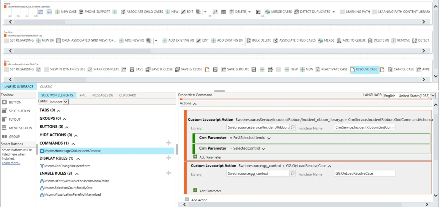Resolve Case command with the custom JavaScript action added after the standard action